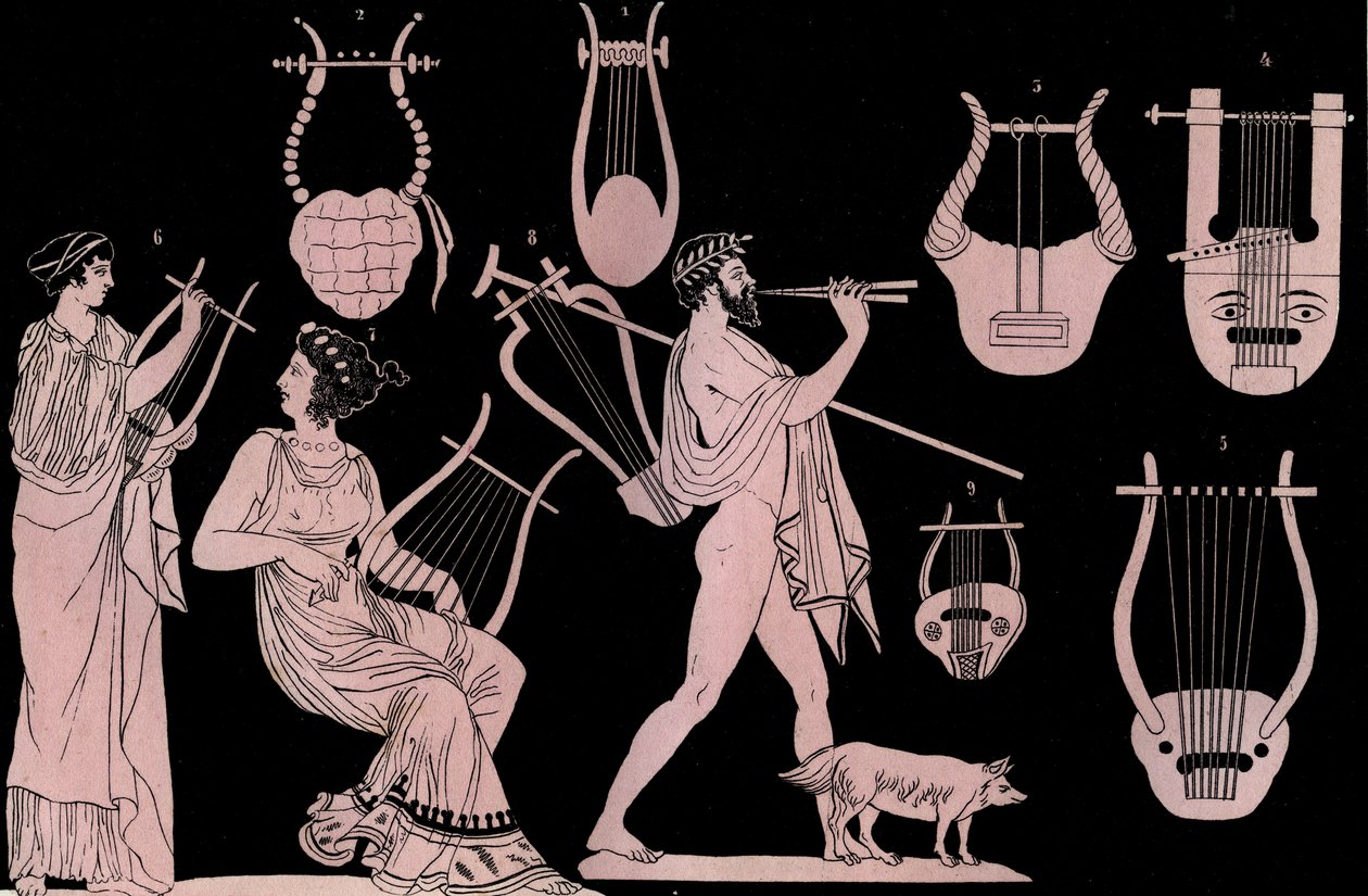 Ancient Greek Musical Instruments Lyre and Cithara engraving from Usi e Costumi di Tutti i Popoli dell Universo 1856