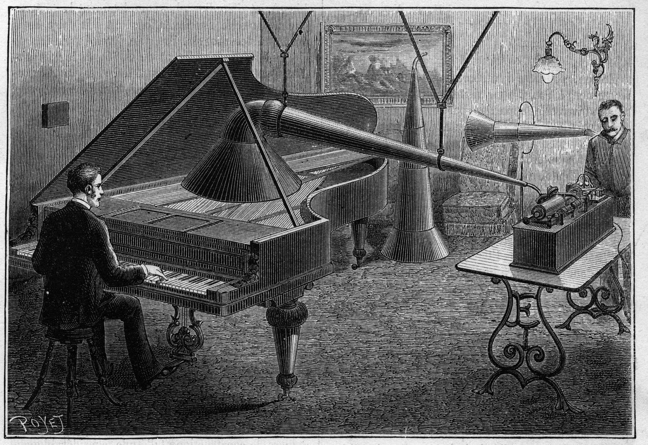 Apparatus for recording a piano piece by the phonograph, an invention by Thomas Alva Edison (1847-1931). Engraving in 