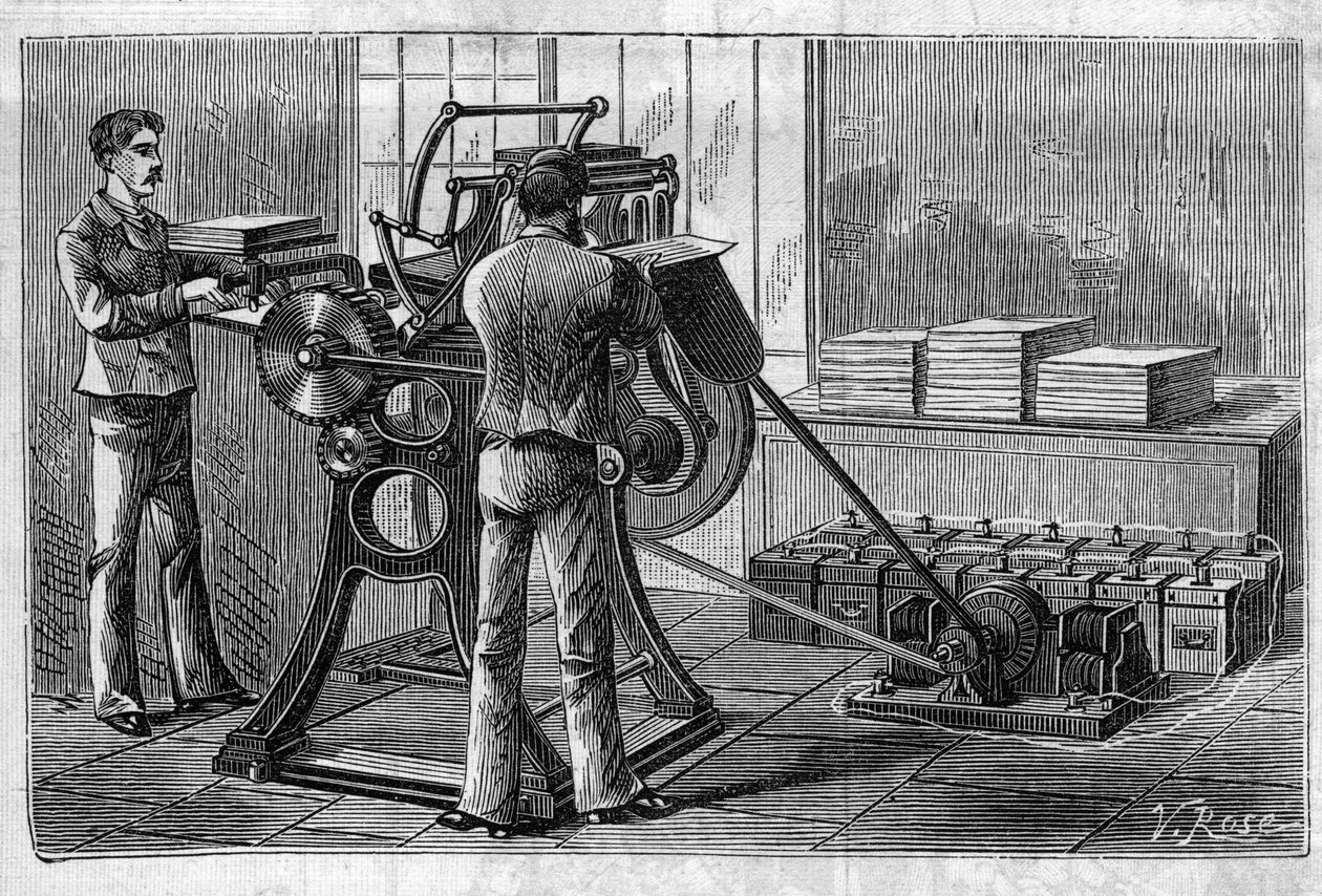 Application of Faure batteries: printer operated by the accumulator. In Le Monde Illustre by Unknown artist