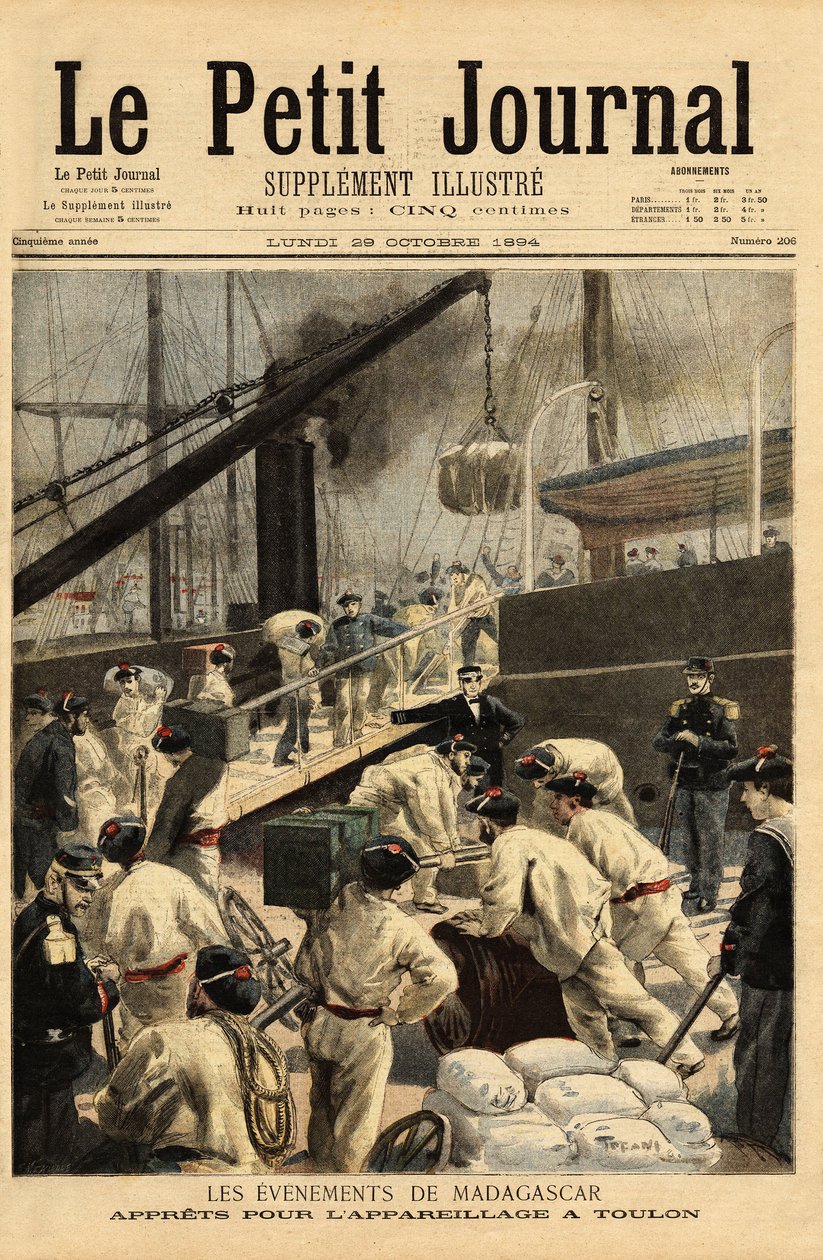 Armaments at Toulon of the cruisers Dupetit-Thouars and Laperouse, and boarding of 15,000 troops, for an expedition to Madagascar. Engraving in Le petit journal 29/10/1894. Selva