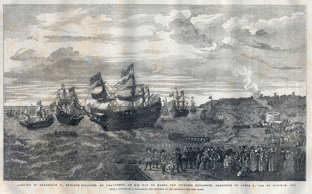 Arrival of Frederick V from the Palatinate in the port of Gravesend to marry Princess Elisabeth of England, daughter of King James I on 16 October 1612. He was welcomed by James Hay, 1st Earl of Carlisle. by Unknown artist