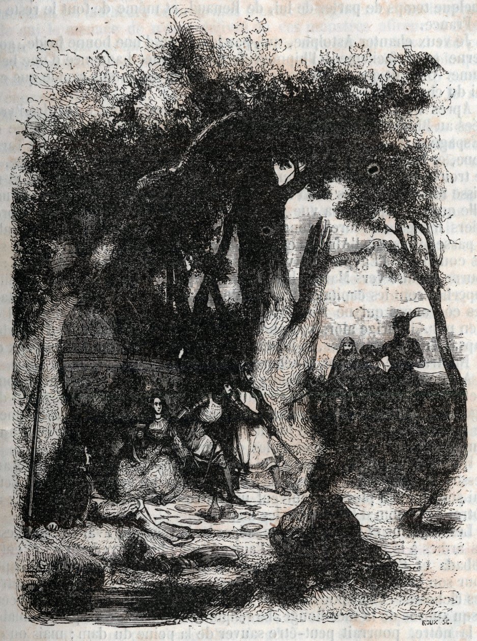 Arrival of Rodomont and Mandricard to the fountain of Merlin - engraving of 1851 from “Roland furieux” (Orlando furioso) (16th century) by Ludovico Ariosto, known as the Ariosta - Edition translated from Italian by the Count of Tressan by Unknown artist