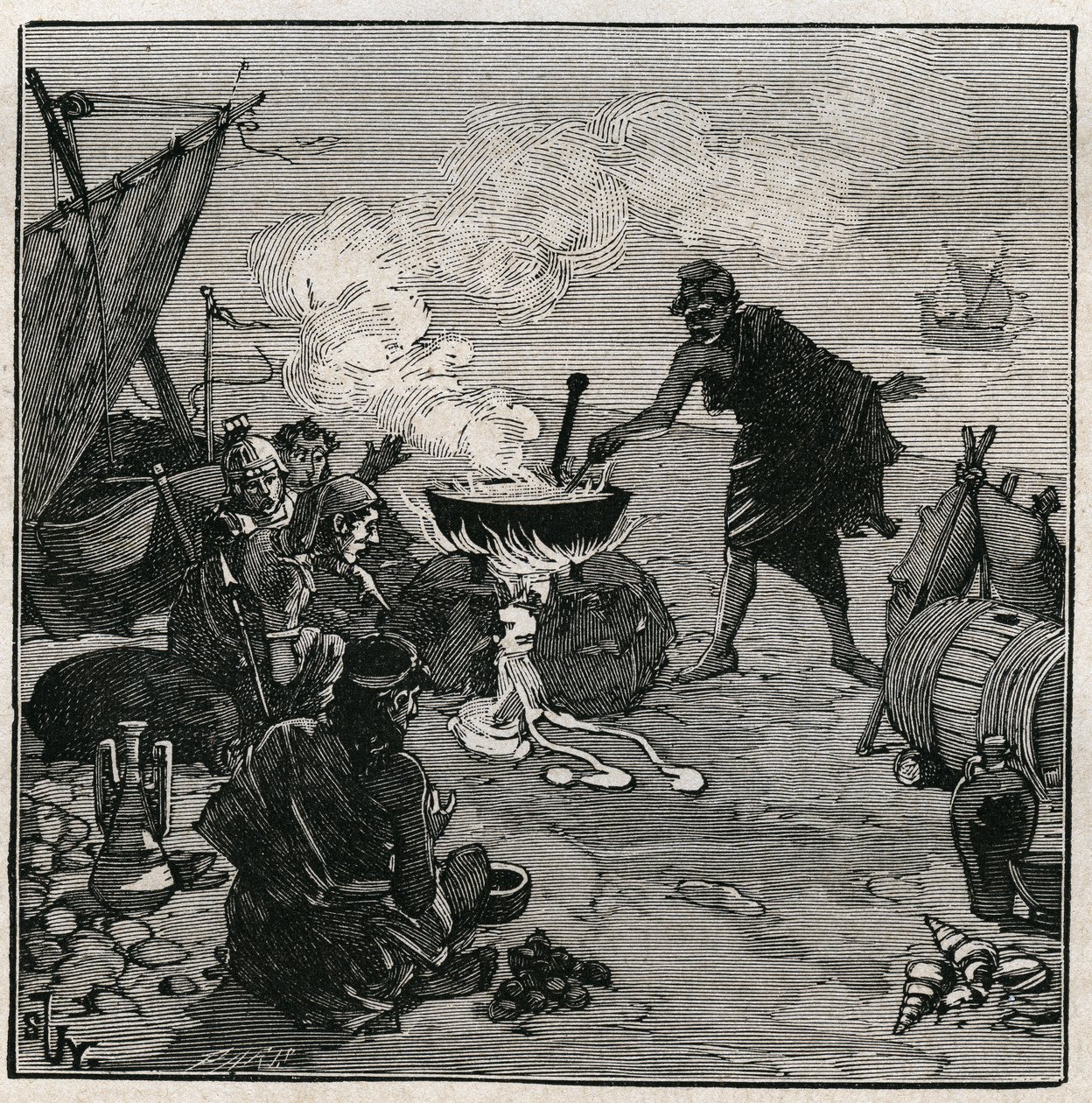 Art of Glass: Discovered Vitrification According to Pliny the Elder. In Antiquity, Merchants Failed on a Beach Fire with Kali Plants Among the Fuels. These Vegetables Provide Enough Soda to Produce Glass by Mixing with Sand. Engraving from 1885 by Unknown artist