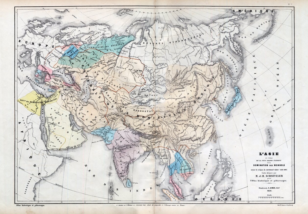 Asia at the time of the greatest extent of Mongol domination under the rule of Qubilai (Kubilai Khan) (1260-1294) - Map prepared by M J-H Schnitzler, Historical and Picturesque Atlas 1857 by Unknown artist
