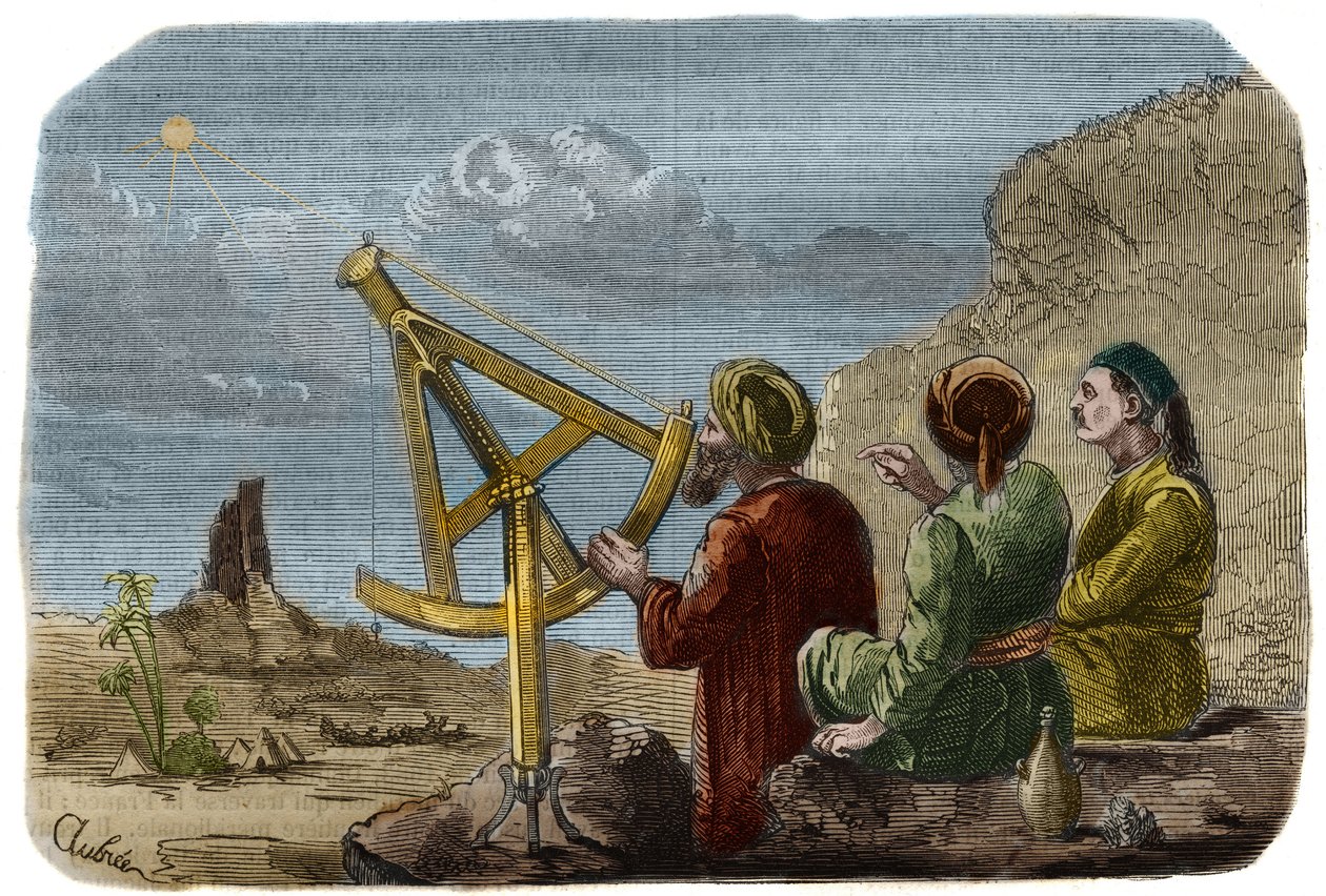 Astronomy: Arab scientists raising the height of the Sun in the Plain of Babylon around 825. They use a quarter circle with pinnules. Engraving from 1857 in Le Musee Des Sciences by Unknown artist