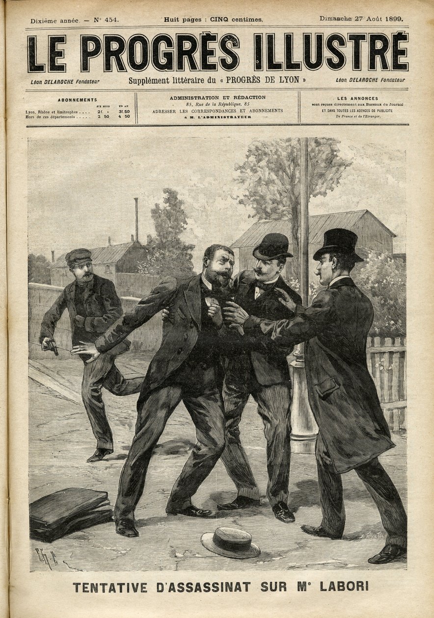 Attack on Mr Fernand Labori (1860-1917), a Lawyer in the Defence of Alfred Dreyfus (1859-1935), Struck with a Bullet in the Back in Rennes as He was on His Way to the Place Where the Case was Judged. Cover of 