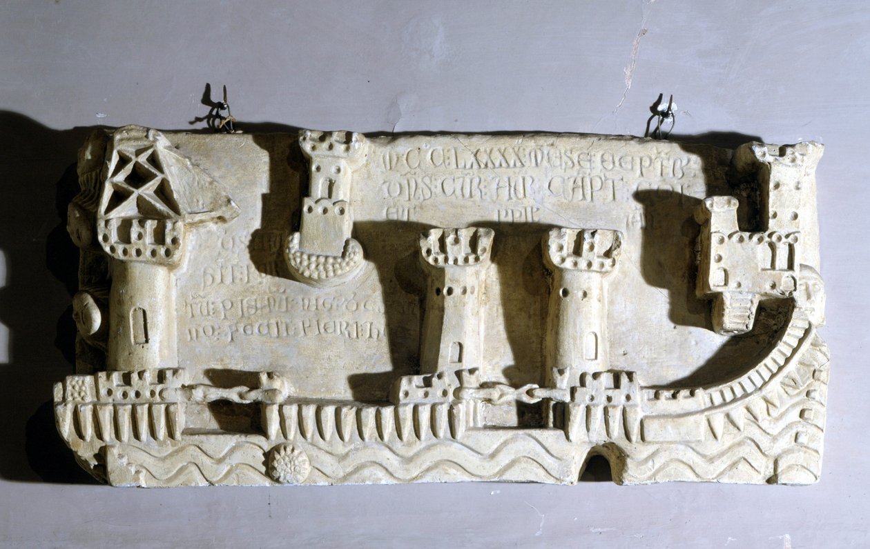 Bas-Relief Representing the Old Port of Pisa. Notice the Chains Blocking Access to the Port, Taken by Genoa as a Trophy After the Battle of Meloria Against Corsica. Genoa, Naval Museum of Pegli, 1290 by Unknown artist