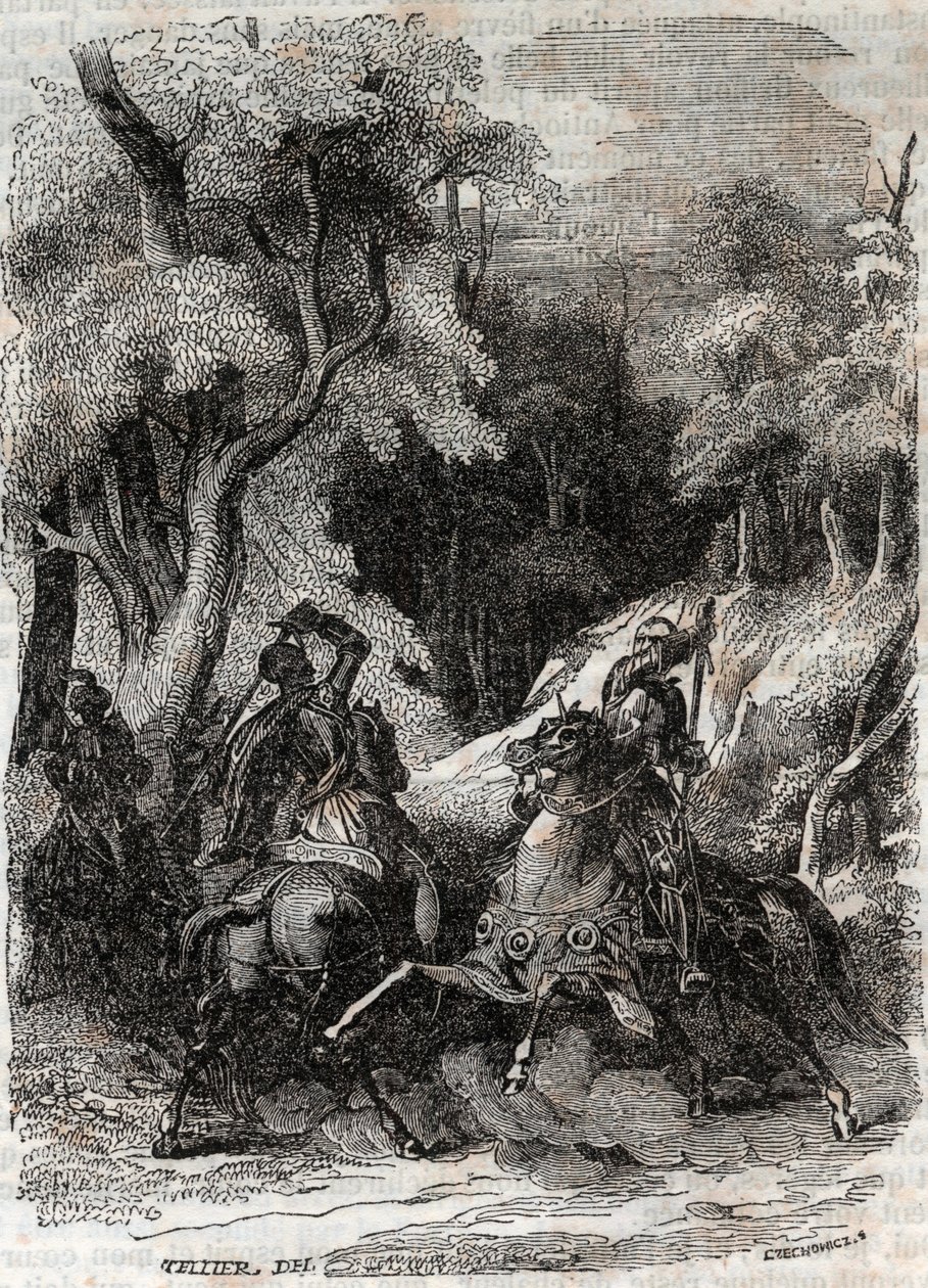 Battle between Roland and Ferragus - engraving of 1851 from Furious Roland (Orlando furioso) (16th century) by Ludovico Ariosto, known as the Ariosta - Edition translated from Italian by the Count of Tressan and published by Gustave Harvard 1851 by Unknown artist