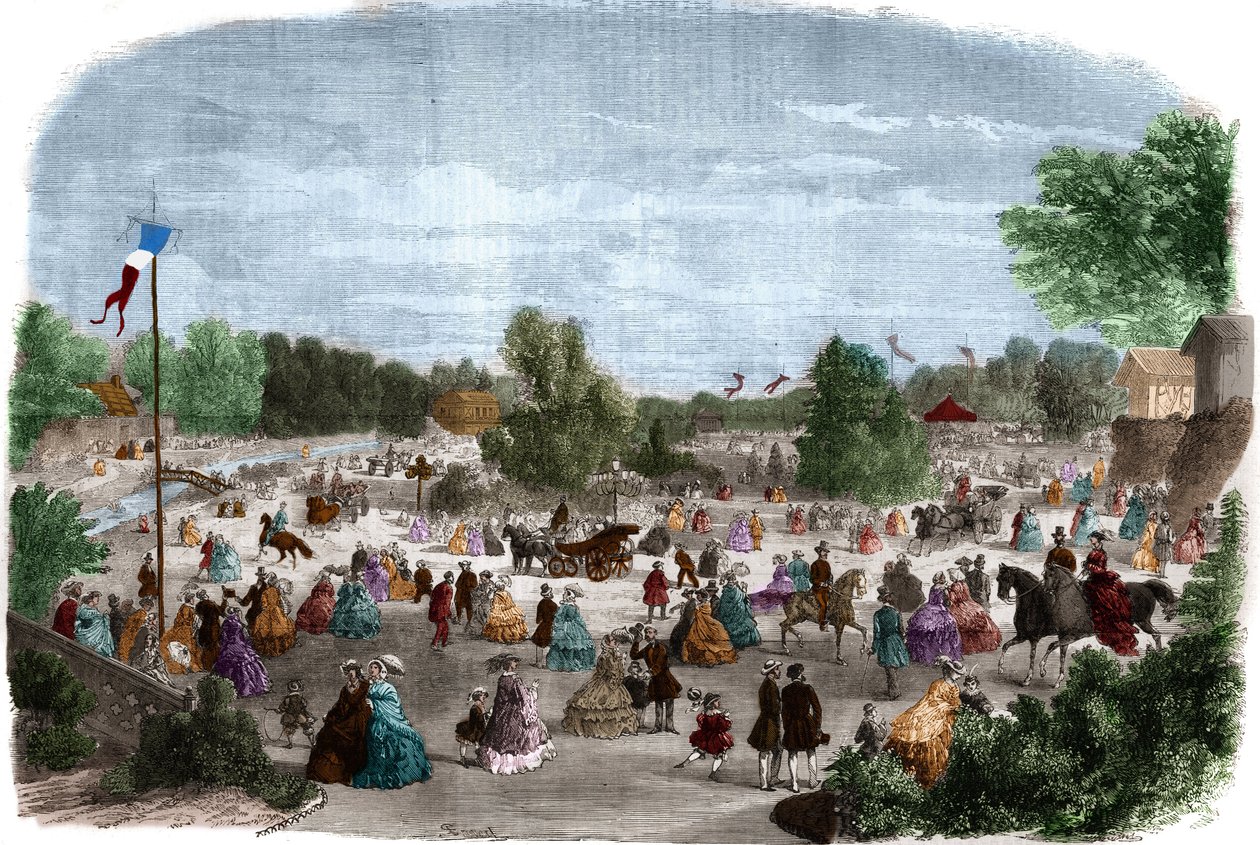 Beautiful days at the Bois de Boulogne in Paris. Engraving in 