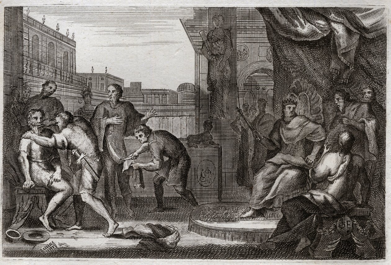Bible of Royaumont, Old Testament: Ambassadors of David. David sent Joab against the Ammonites to take revenge for the insult that Hanun their Prince had made to his ambassadors, whom he had taken for spies. Illustration from 1811 by Unknown artist