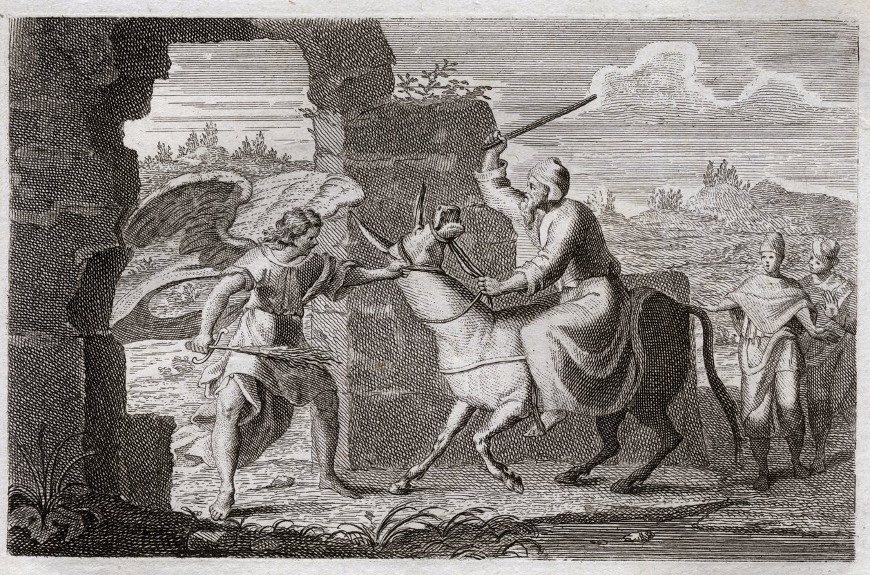 Bible of Royaumont, Old Testament: Balaam. The false prophet Balaam blessed the people of God, although King Balak (Balac) had sent him to curse them. Her donkey speaks to her to complain about being beaten. Illustration from 1811. by Unknown artist