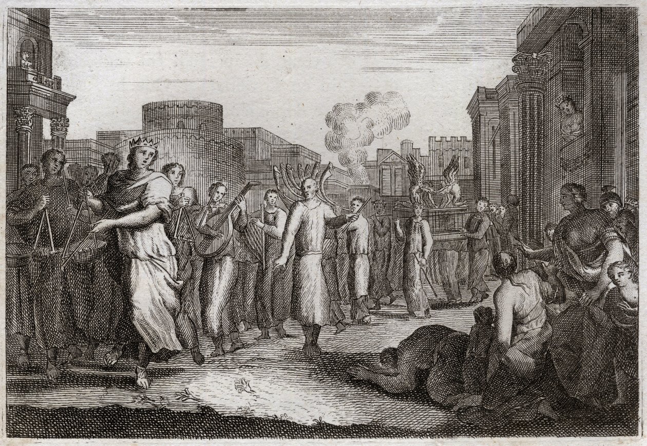 Bible of Royaumont, Old Testament: David dances before the Ark of the Covenant. David having resolved a second time to bring the Ark to his home, has it carried and accompanied by Levites, to avoid an accident similar to that of Uzzah. He