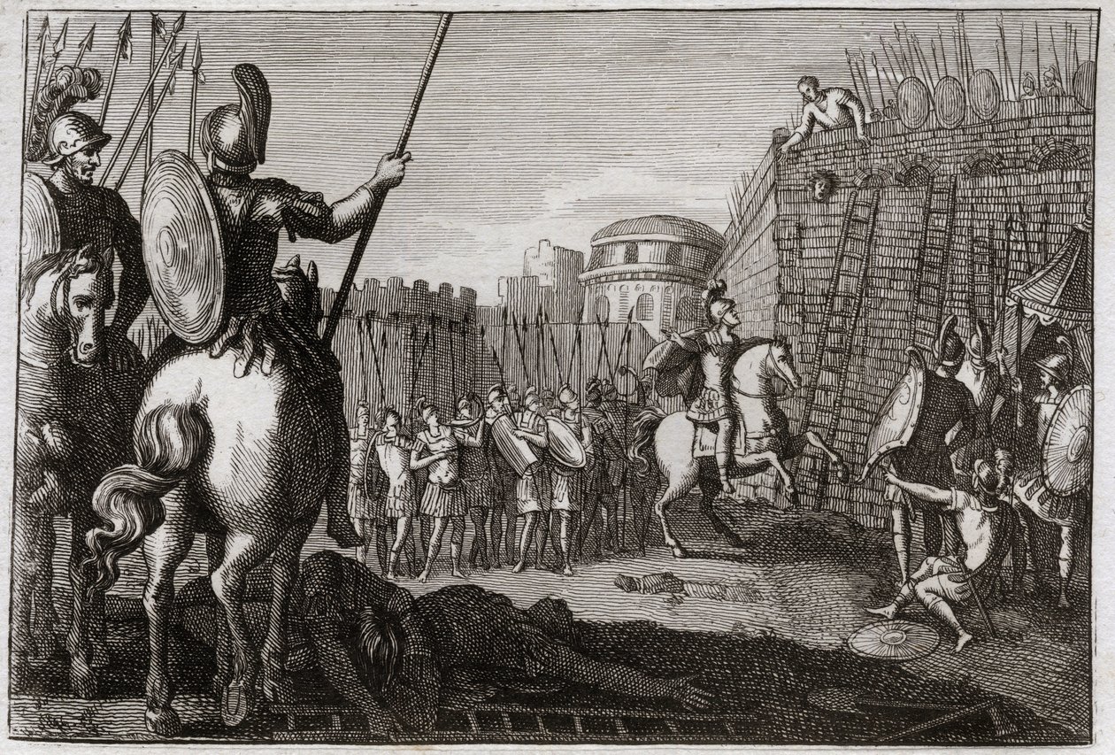 Bible of Royaumont, Old Testament: Death of Sheba. Sheba rose up against David, and took away the ten tribes after him, and Joab pursued him in Abel, where his head was cut off by the counsel of a woman. Illustration from 1811. by Unknown artist