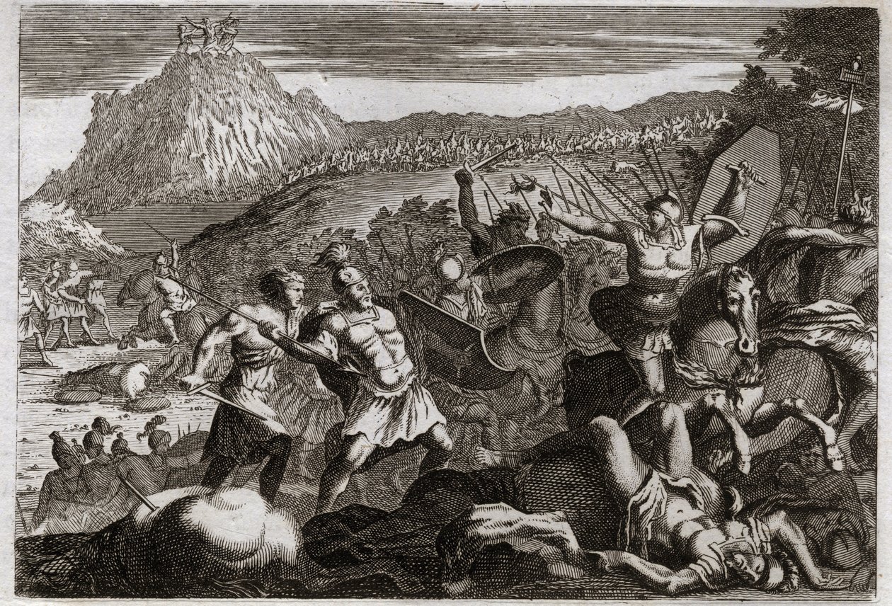 Bible of Royaumont, Old Testament: Defeat of Amalec (Amalek). Moses obtained victory over the Amalekites, holding his hands high in heaven. Illustration from 1811 by Unknown artist