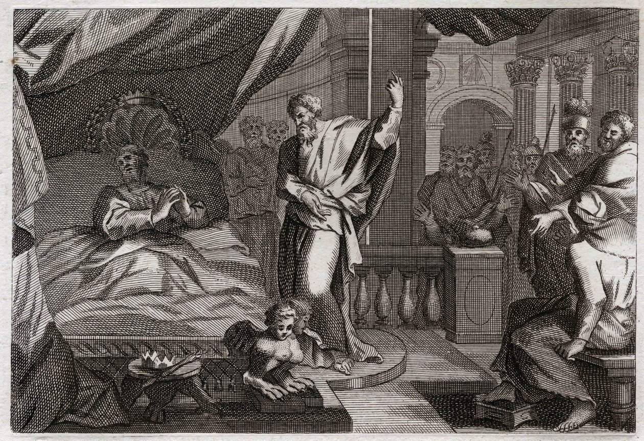 Bible of Royaumont, Old Testament: Hezekiah receives health. King Hezekiah was ill unto death, received health and another fifteen years of life. The prophet Isaiah announces his recovery: the sign will be to push back the shadow of the clock by ten degree by Unknown artist