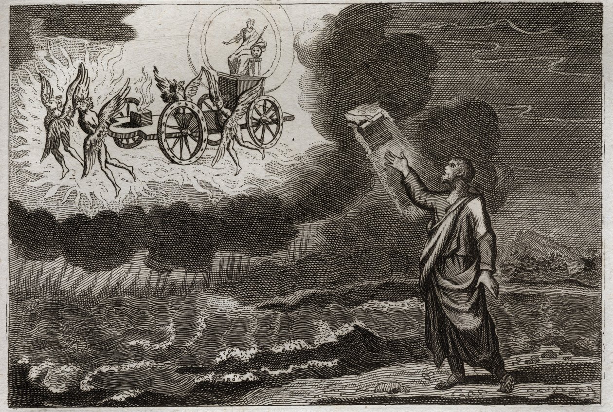 Bible of Royaumont, Old Testament: Ezekiel prophet. Saint Prophet had a vision where the Lord appeared to him on a cart, carried by four cherubim (tetramorph). Illustration from 1811. by Unknown artist