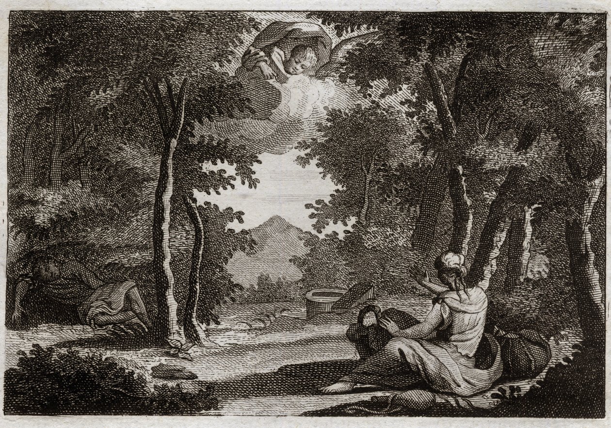 Bible of Royaumont, Old Testament: Flight of Hagar. Hagar rises against Sarah her mistress. Sarah chastises her insolence with severity. Hagar cannot suffer her and flees from the house into the desert, where an Angel talks to her to bring her back to Sara by Unknown artist