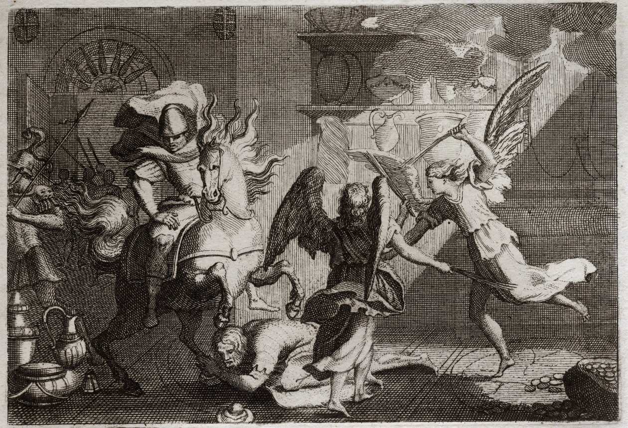 Bible of Royaumont, Old Testament: Heliodore hunting the temple. Heliodore (Heliodoros) sent by his ruler to plunder the Temple of Jerusalem, was beaten with rods by angels. Illustration from 1811. by Unknown artist