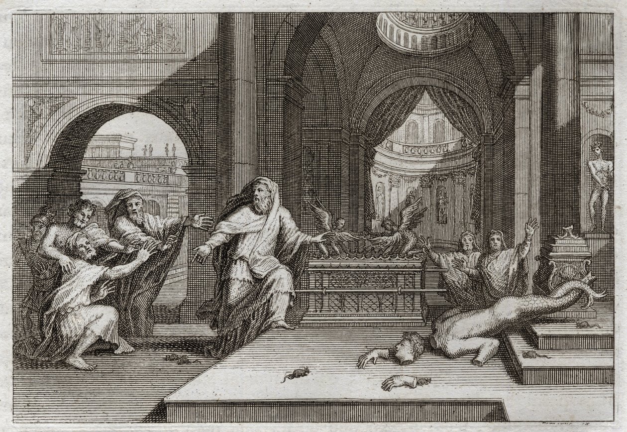 Bible of Royaumont, Old Testament: Idol of Dagon. When the Philistines put the ark of the covenant in the temple beside Dagon their God, she brought down their idol, and smote them all with a very severe plague, which forced them to send her away. Illustra by Unknown artist