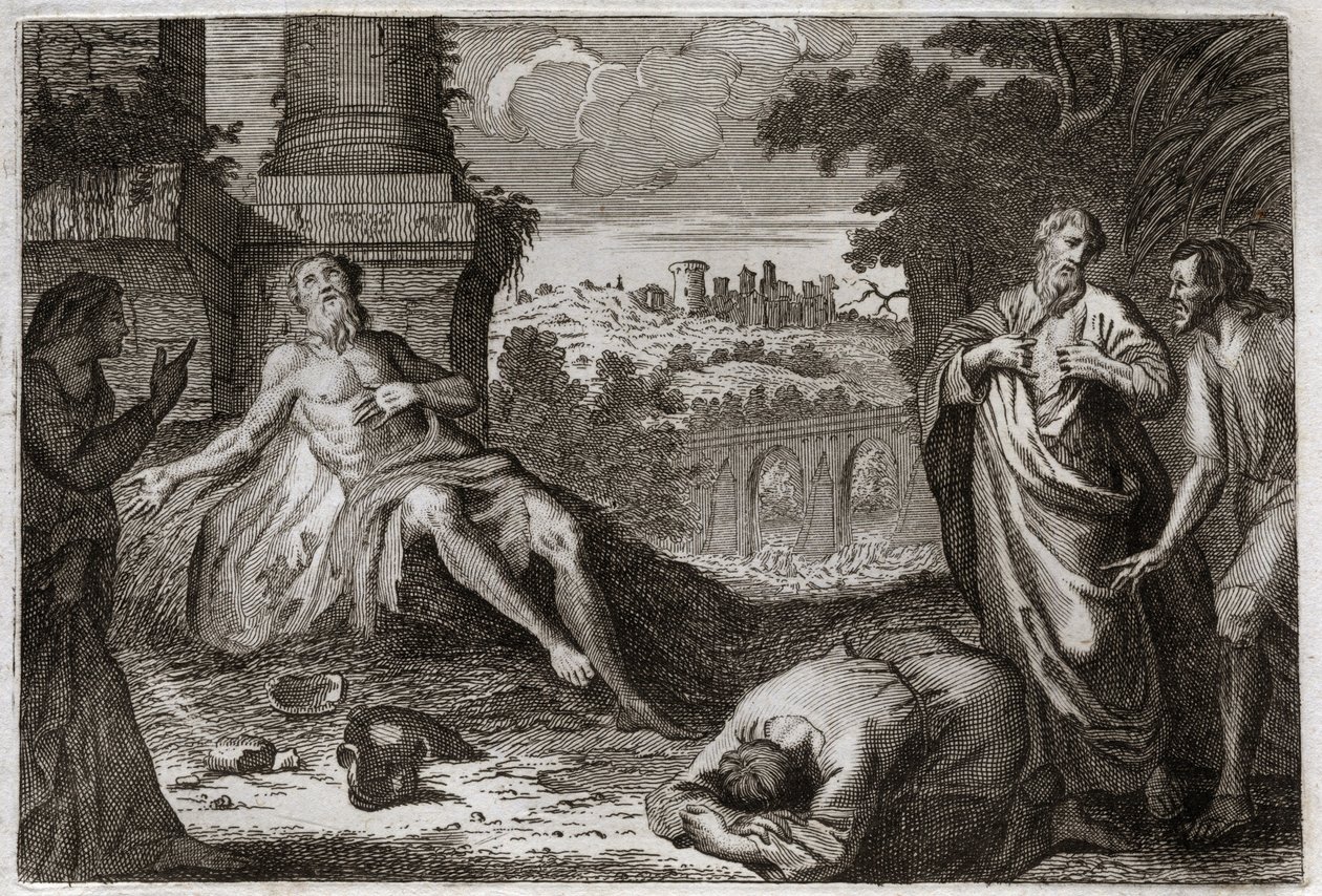 Bible of Royaumont, Old Testament: Job on the dung heap. The holy man Job is tempted by the demon who takes away all his goods and all his children, and strikes him with a terrible wound, leaving him only his wife to carry him impatiently. Illustration fro by Unknown artist