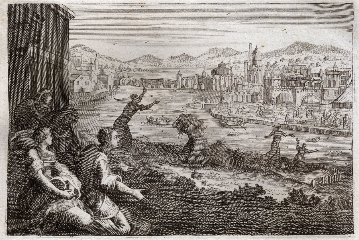 Bible of Royaumont, Old Testament: Midwives of Egypt. Pharaoh causes the male children of the Israelites to be thrown into the Nile. Illustration from 1811 by Unknown artist