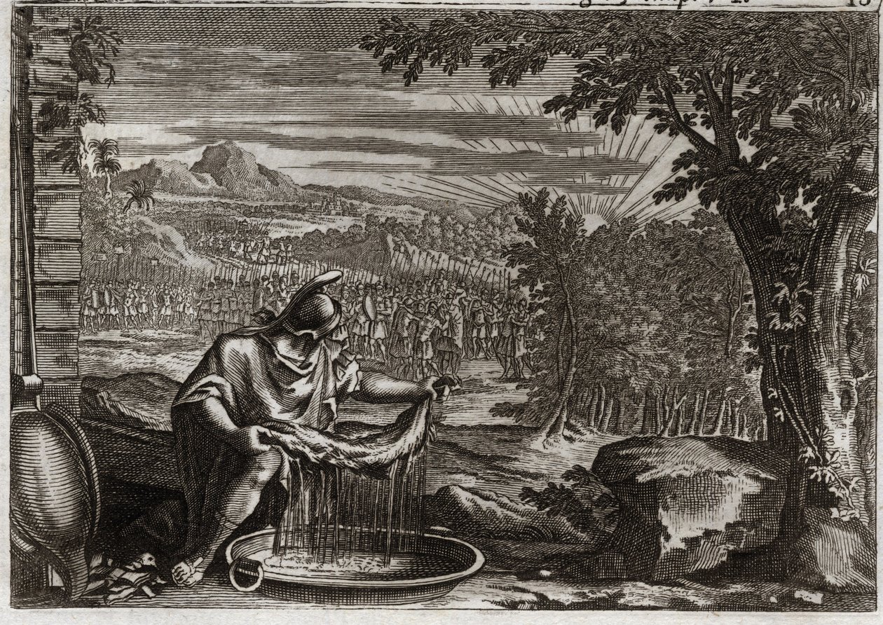 Bible of Royaumont, Old Testament: Miracle of Fleece. Gideon obtained from God the miracle of the fleece as proof that he had chosen it and that he would make it the liberator of his people. Illustration from 1811. by Unknown artist