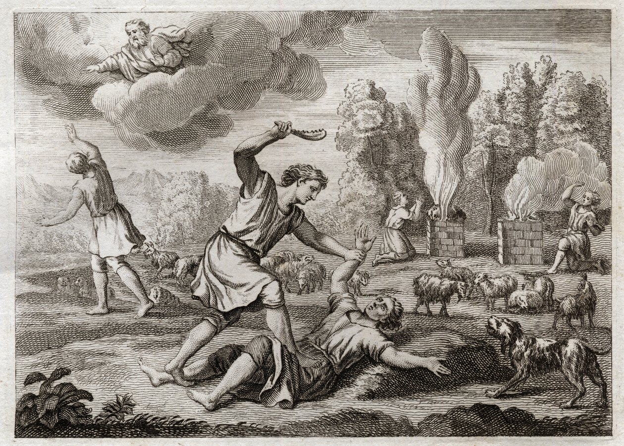 Bible of Royaumont, Old Testament: Murder of Abel. Cain is carrying his brother with envy against Abel, taking him out into the countryside as if to walk, and killing him. Illustration from 1811. by Unknown artist