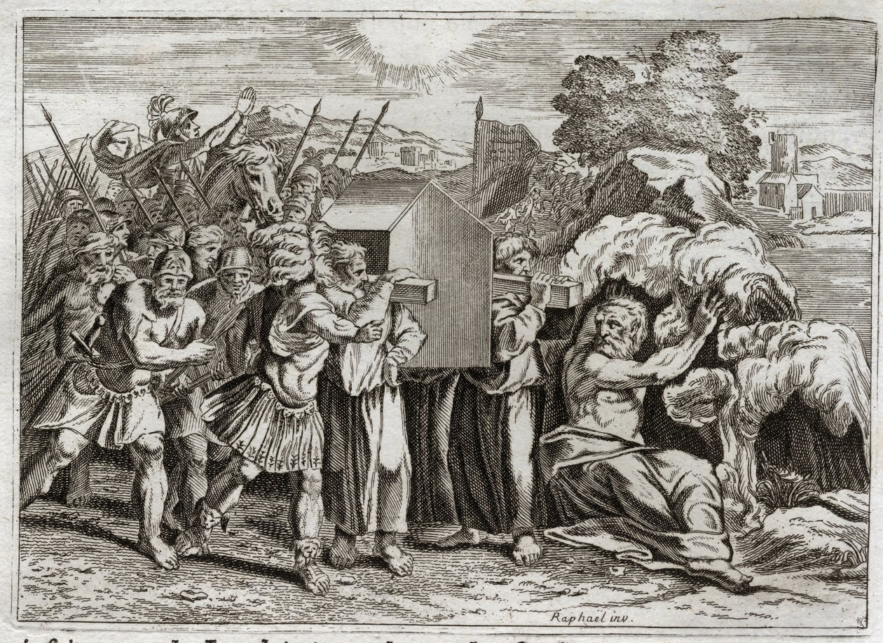 Bible of Royaumont, Old Testament: Passage of the Jordan. Joshua brings the Jordan to all the people. This river dries up, and the priests who bore the ark of the covenant came into it; and the waters rose up above and remained suspended like a mountain. I by Unknown artist