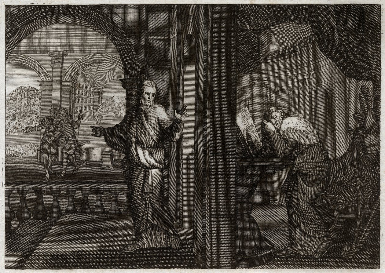Bible of Royaumont, Old Testament: Penitence of David. God sends his Prophet Nathan to David to represent his fault. The regret that this holy King conceded from it makes him accept all the evils that the Prophet predicted him. Illustration from 1811. by Unknown artist