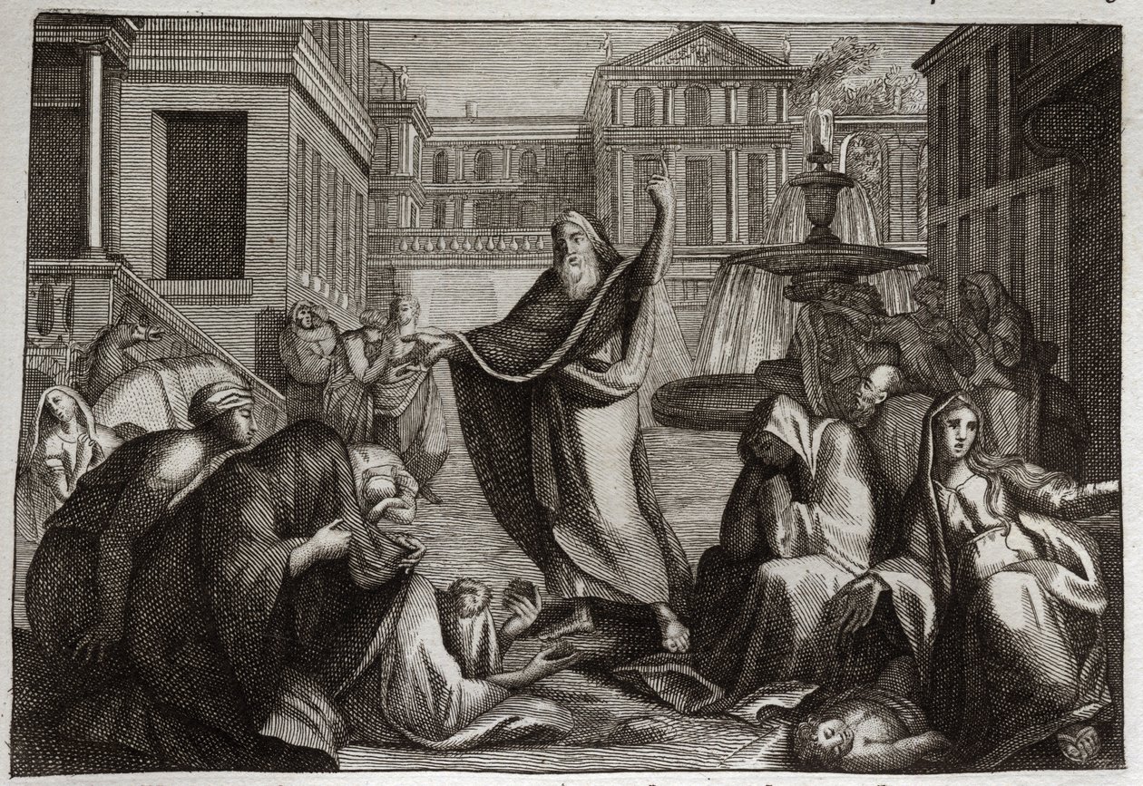 Bible of Royaumont, Old Testament: Penitence of the Ninivites. The inhabitants of Nineveh all penitence at the predication of Saint Prophet Jonah. Illustration from 1811 by Unknown artist