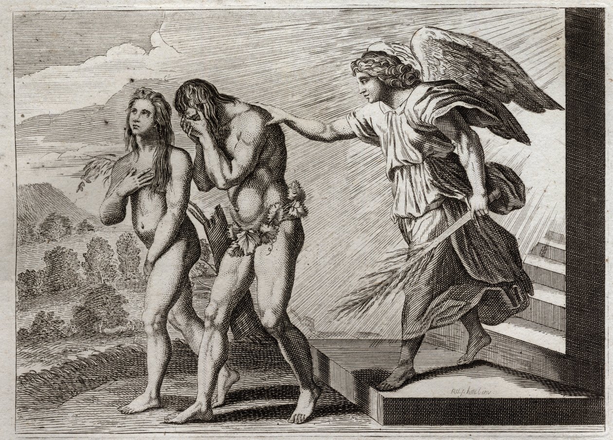Bible of Royaumont, Old Testament: Punishment of Adam. God drives Adam and Eve out of Paradise after they fall, and puts a Cherub at the door to defend their entrance. Illustration from 1811. by Unknown artist