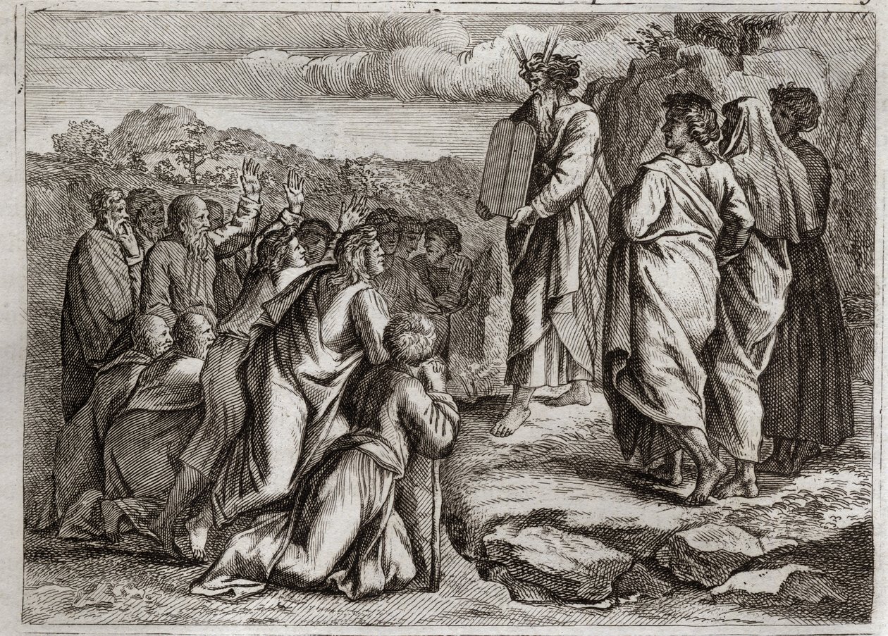 Bible of Royaumont, Old Testament: Second Tables of the Law. God gives Moses other tables (Ten Commandments), which the people receive with respect. Illustration from 1811 by Unknown artist