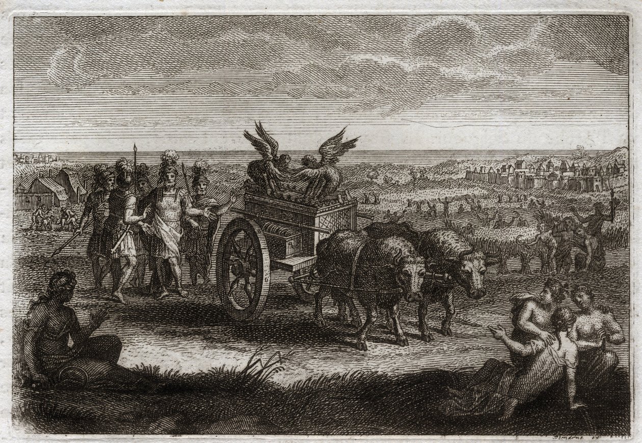 Bible of Royaumont, Old Testament: The Ark returned. The Philistines send the Ark of Covenant back to Judea to avoid the evils it caused them every day. Illustration from 1811. by Unknown artist