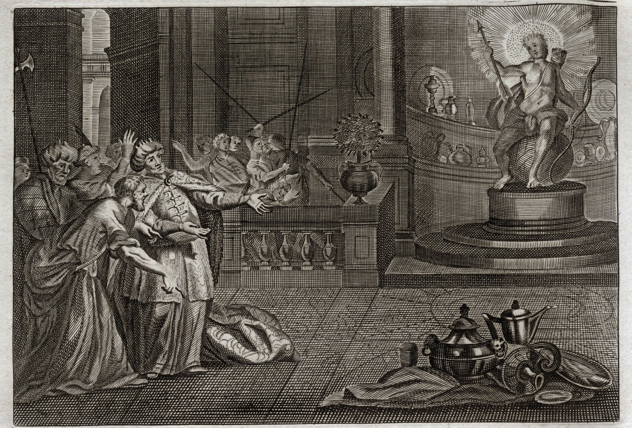 Bible of Royaumont, Old Testament: The Idol of Bel. Daniel destroyed the Idol of Bel, and killed a dragon whom the Babylonians worshipped. Illustration from 1811. by Unknown artist