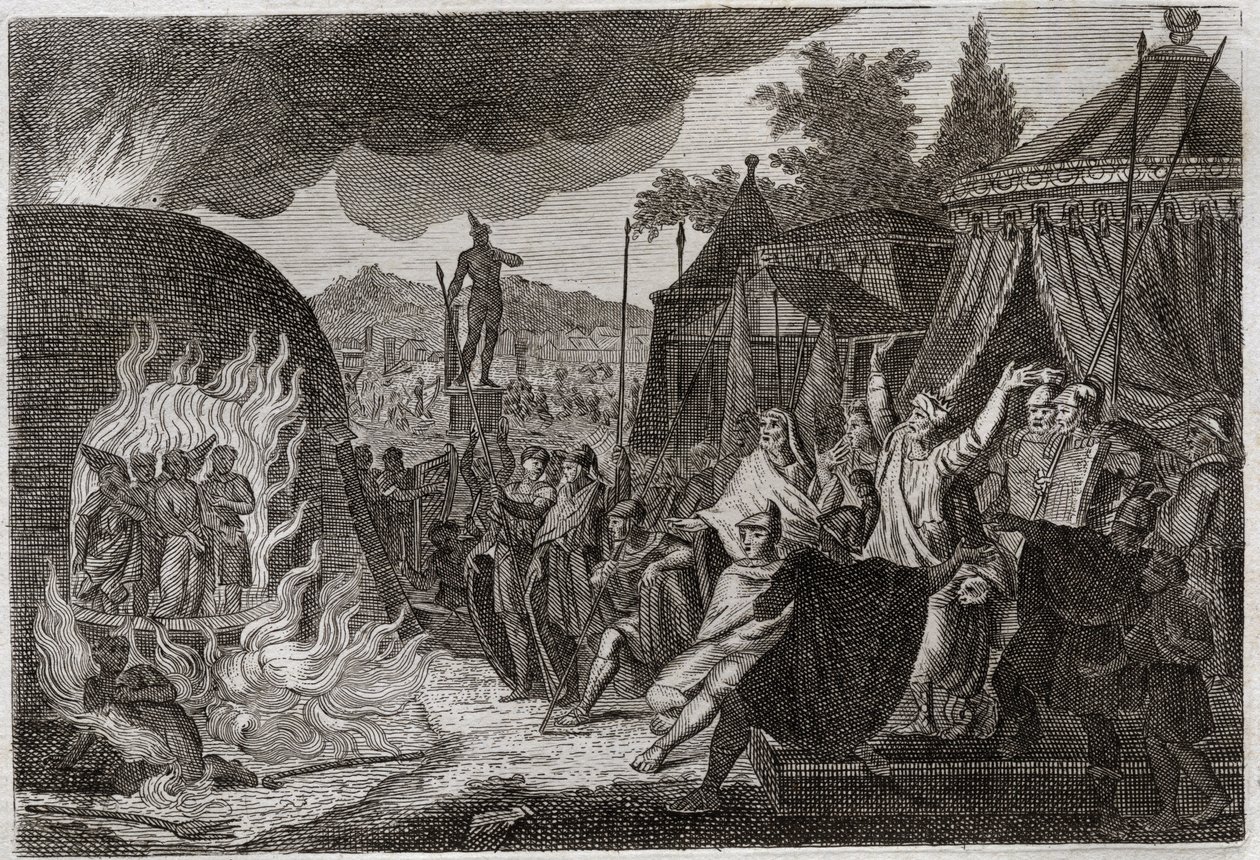 Bible of Royaumont, Old Testament: The three children of Babylon in the furnace. King Nebuchadnezzar II throws three young Hebrew men into a burning furnace, from where they are miraculously delivered. They are called Ananias, Azarias and Misael (or Shadra by Unknown artist