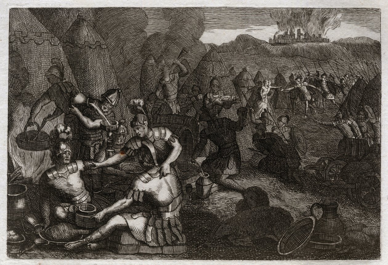 Bible of Royaumont, Old Testament: Thieves of Ziklag. Some Amalekites come to plunder Ziklag in the absence of David. He runs furious and defeats them. Illustration from 1811. by Unknown artist