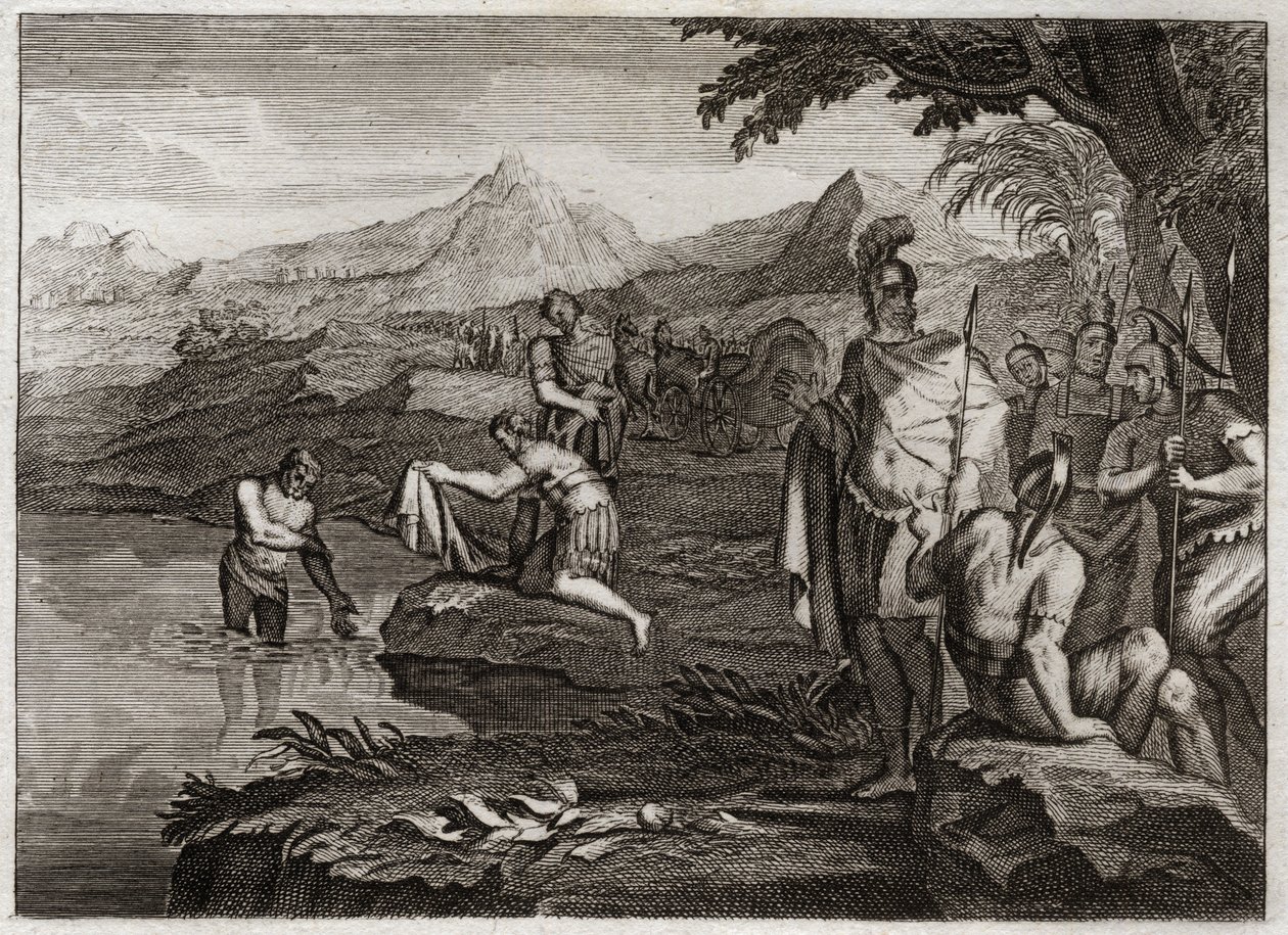 Bible of Royaumont, Old Testament: War of Naaman. Naaman, general of the army of the King of Syria, came to find the Prophet Elisha to be healed of his leprosy. Illustration from 1811. by Unknown artist