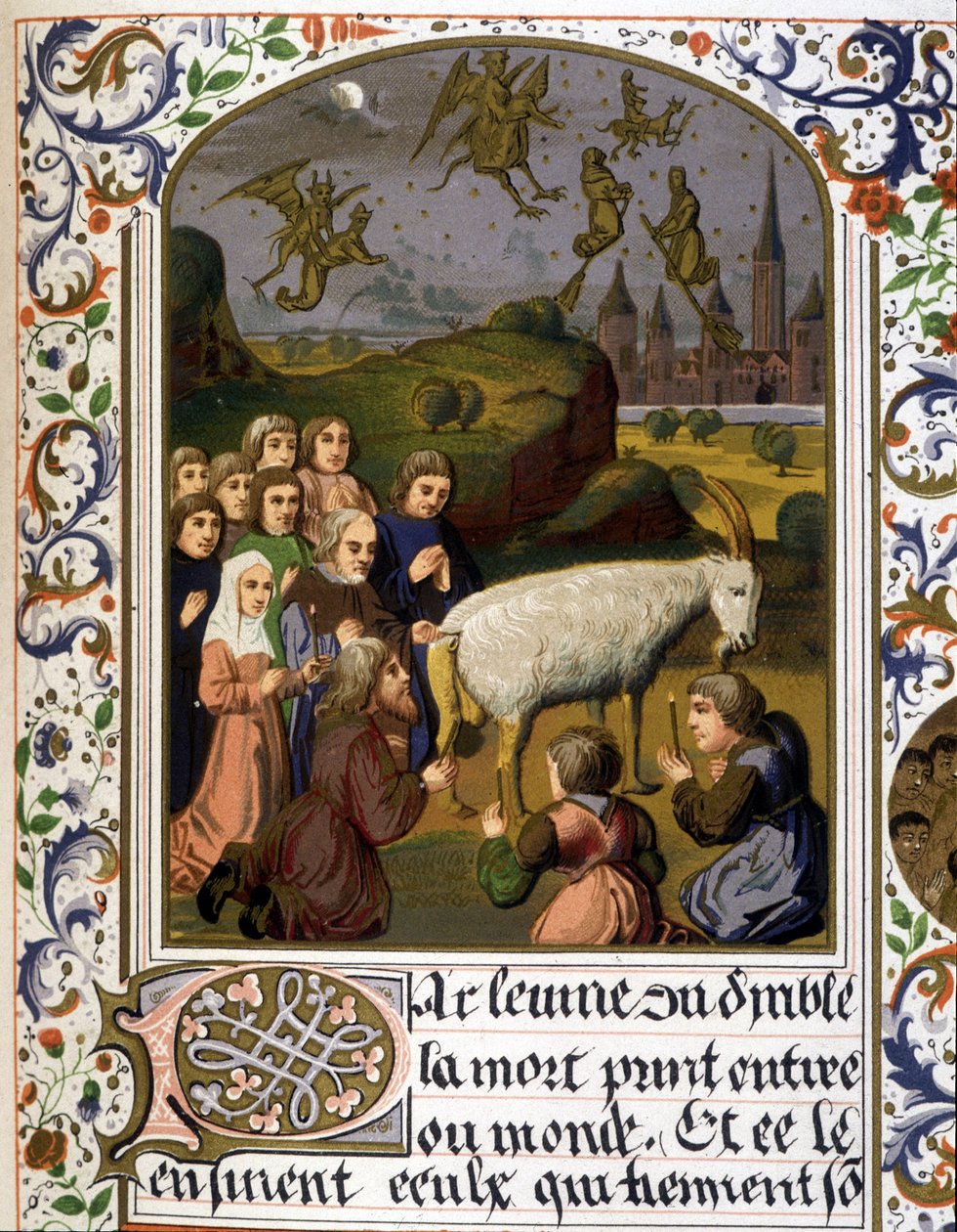 Black mass around a goat against a Sabbath scene - Facsimile of an illumination by Unknown artist