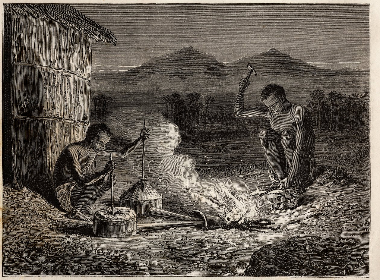 Blacksmiths in Simiango, on the banks of the Zambese River. Engraving to illustrate Dr. Livingstone