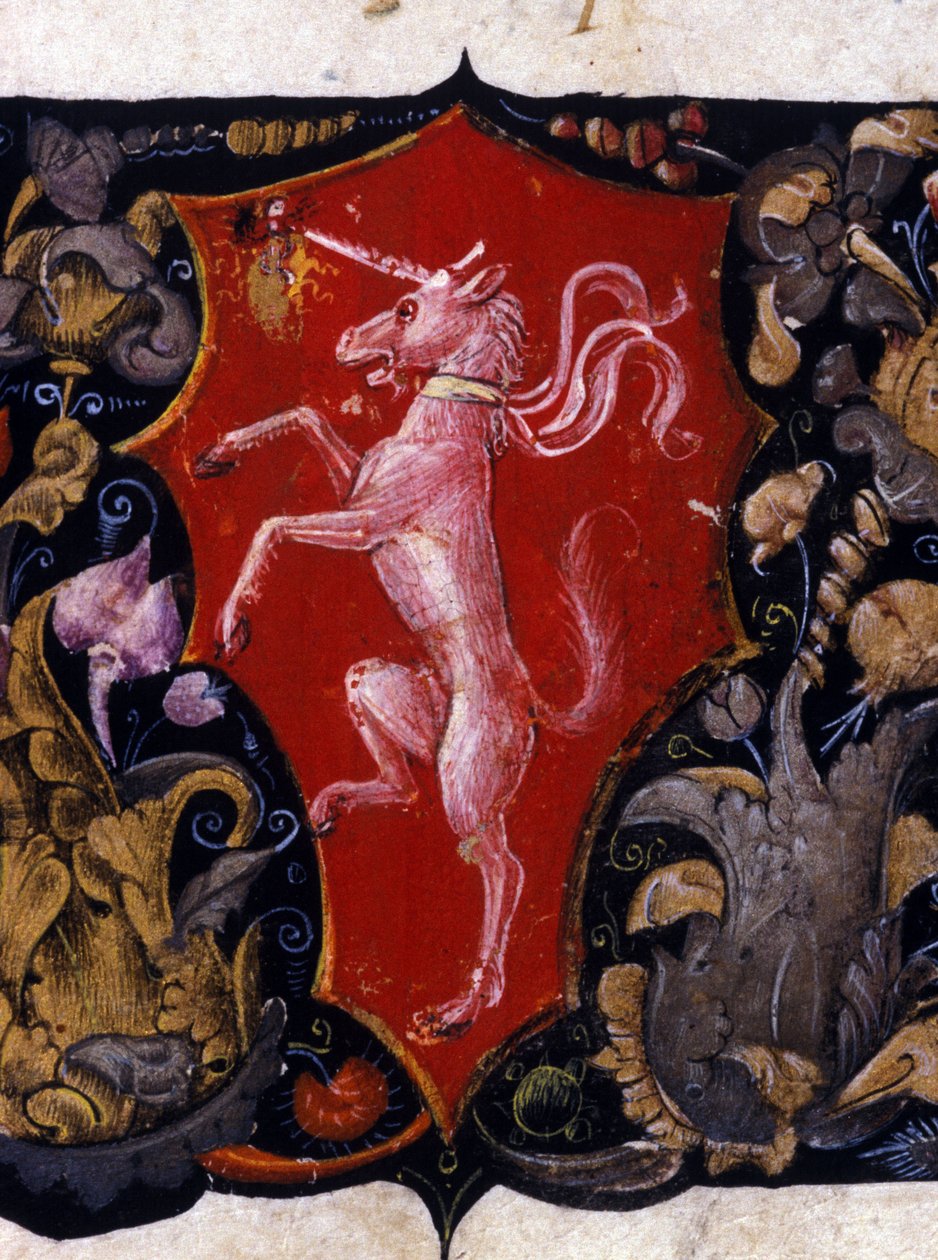 Blazon Decorating a Unicorn on a Red Background. Detail of a Miniature. 15th Century by Unknown artist