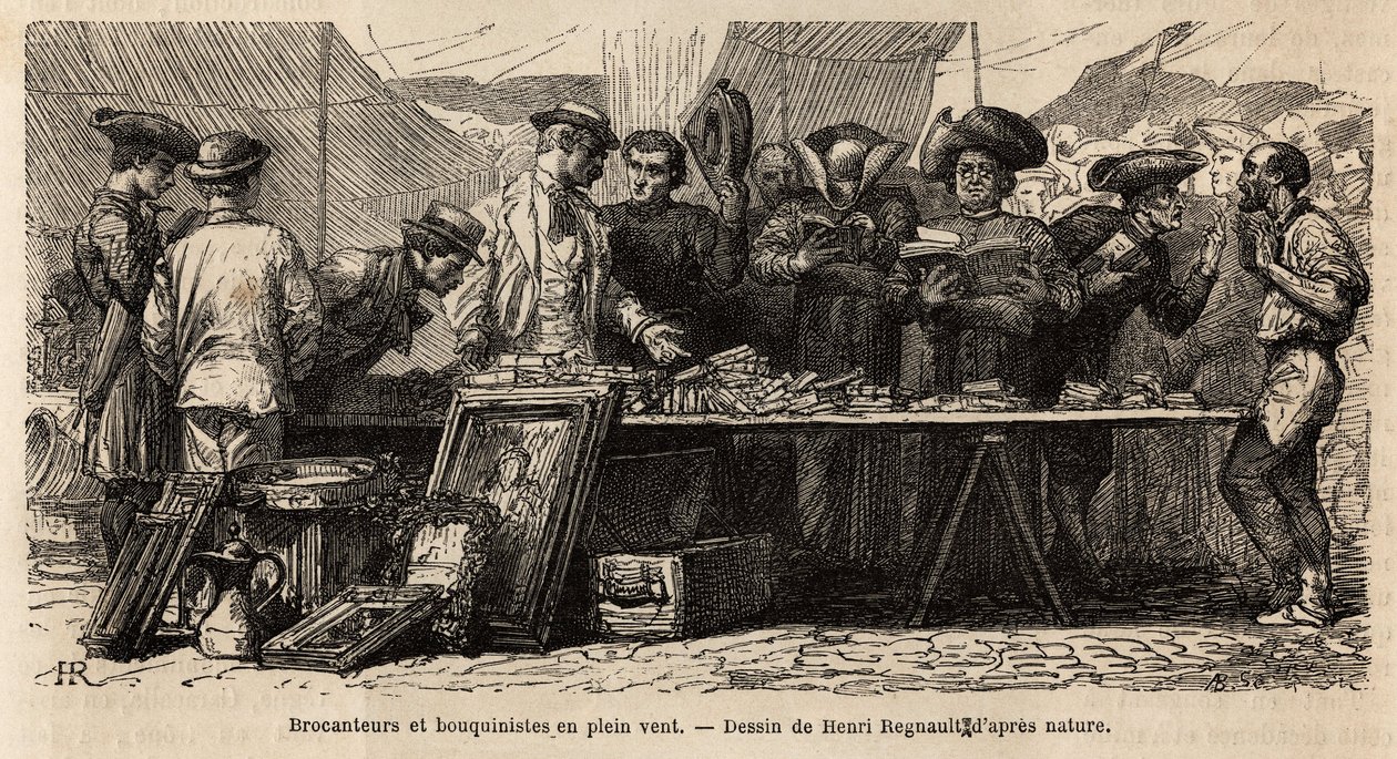 Book Makers and Brocanteurs in the Wind, Near Montanara Square, Under a Tent Set Up, Amateurs and Clerics Compete for a Bric-a-Brac of Antiques. Engraving to Illustrate the Voyage to Rome, by Francis Wey, 186 by Unknown artist