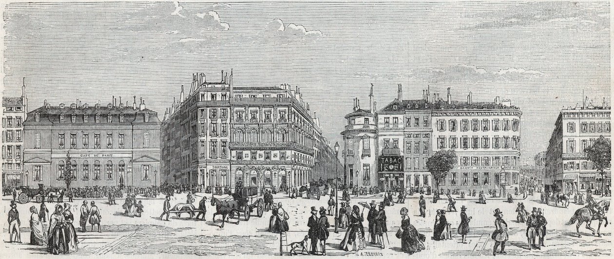 Boulevard des Italians with the café de Paris, the rue Taitbout, the house doree, the rue Lafitte, the cafe Riche and rue Lepelletier - Engraving in Tableau-de-Paris by Edmond Texier 1852 by Unknown artist