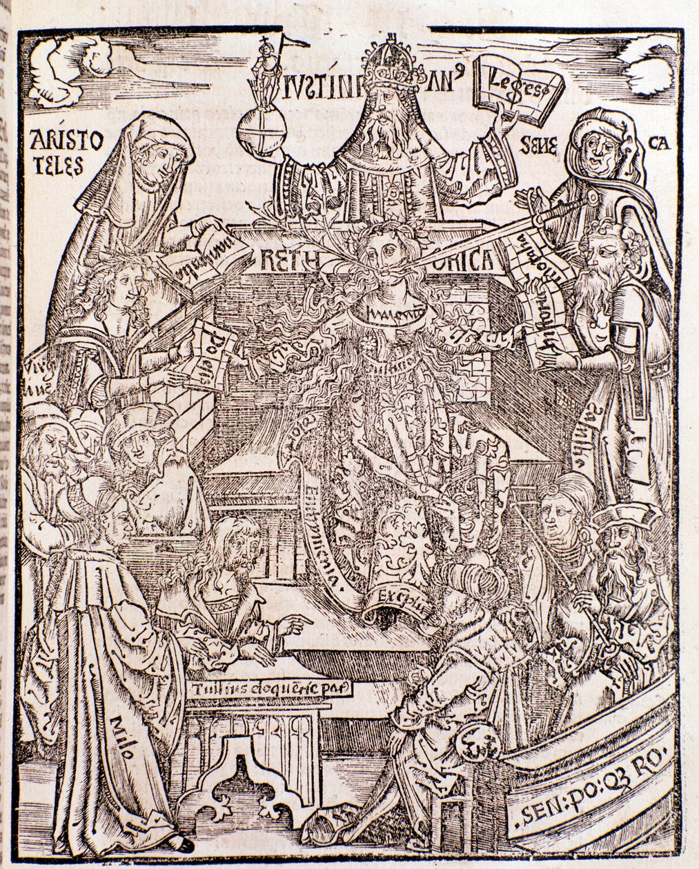 Branches of knowledge represented by Aristotle (top left) represents Natural Philosophy, with Seneca representing Moral Philosophy on the right, the Emperor Justinian (top centre). The woman in the centre has a sword and a flowering branch issuing from her by Unknown artist
