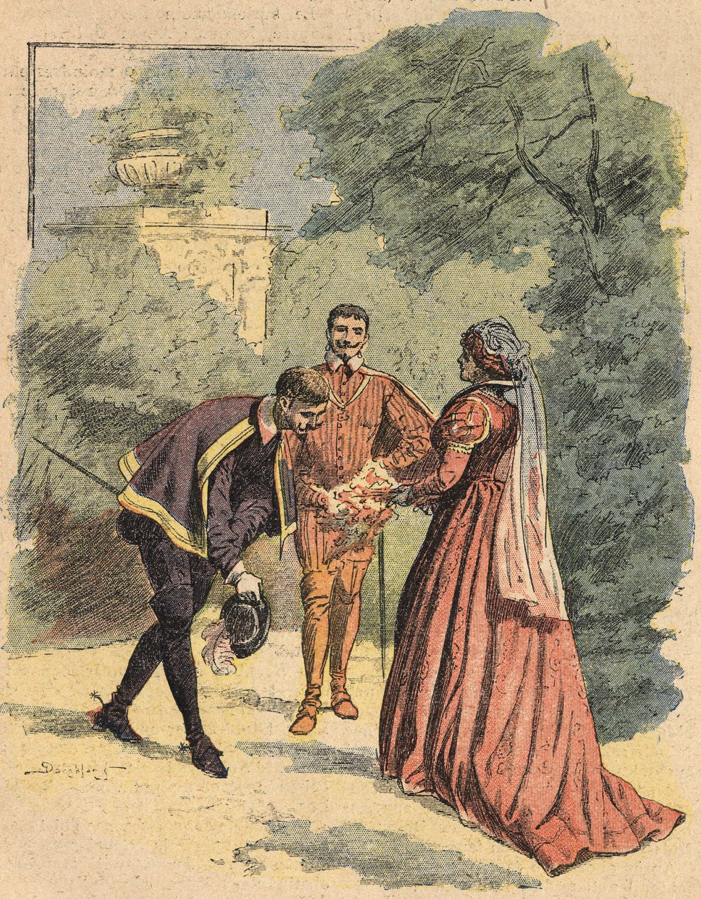 Bussy greets Jeanne, accompanied by Saint Luke, in the park. Illustration of the novel 