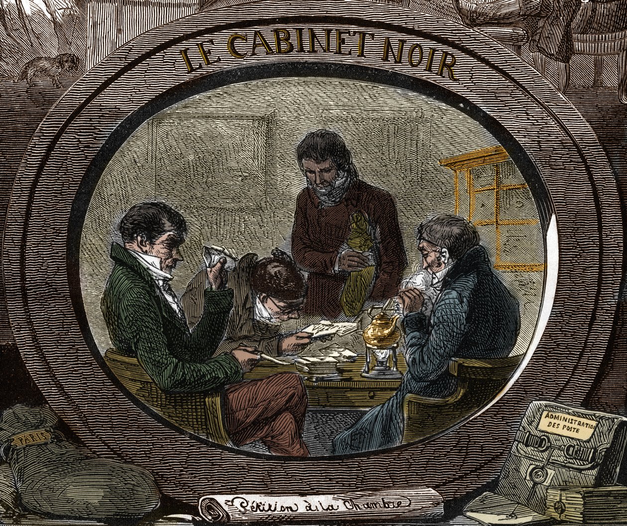 Censorship in the 19th century: Under the Old Regime, the service is called Black Cabinet, which is responsible for examining private correspondence for security reasons. Engraving of the 19th century. by Unknown artist