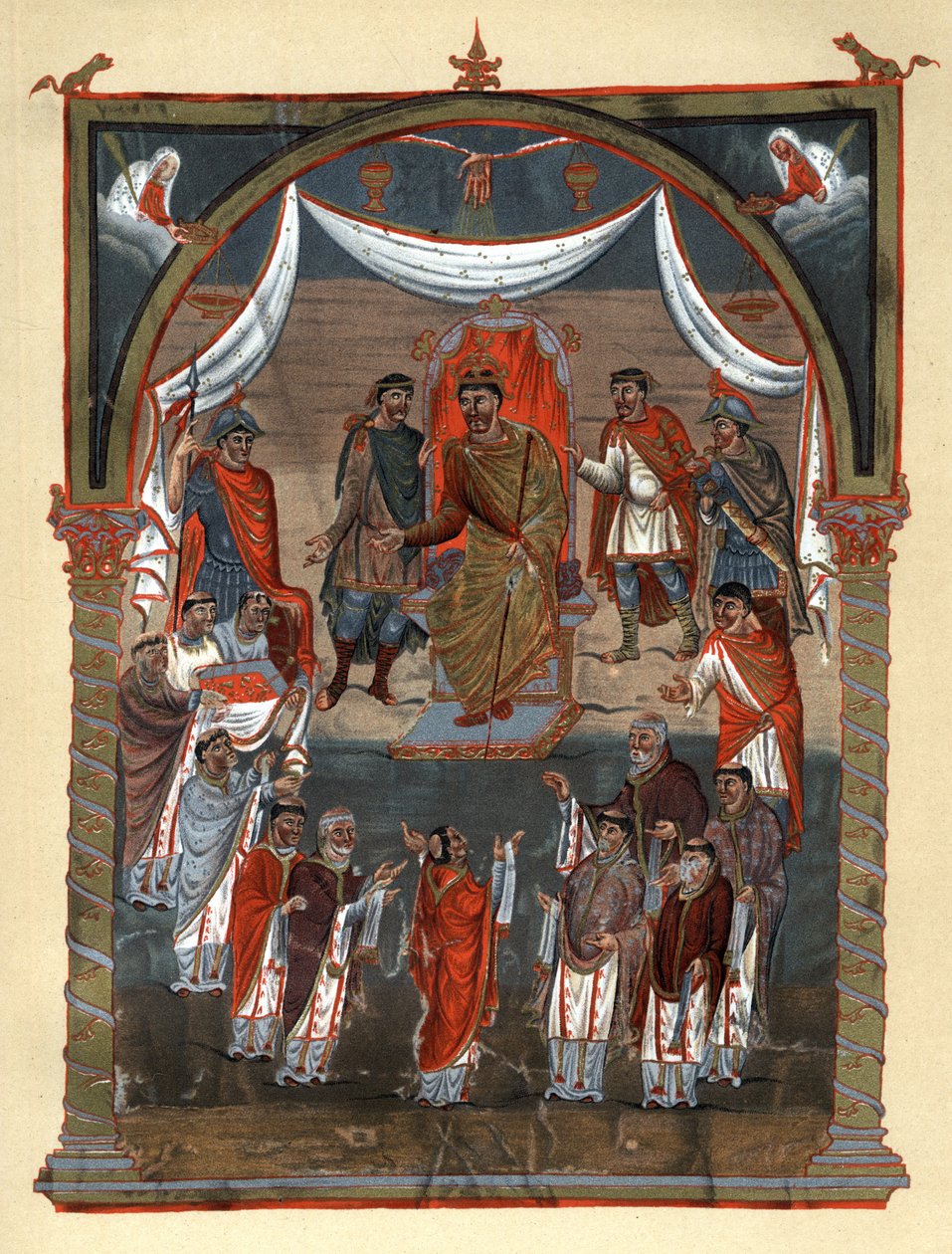 Charles II the Bald (823 - 877), King of France receiving a delegation of monks from Tours. Facsimile in chromolithography of the 19th century after a miniature of the Xth century preserved at the B.N. de Paris by Unknown artist
