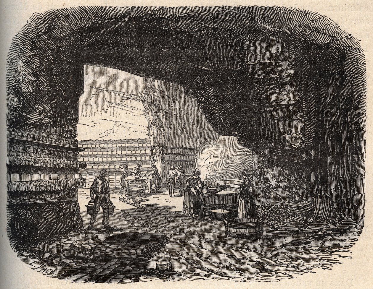 Cheeses - roquefort cellars - engraving in “PATRIE” - DESCRIPTION PICTURESQUE OF FRANCE IN 6 VOLUMES BY LUCIEN HUARD - end 19th century by Unknown artist