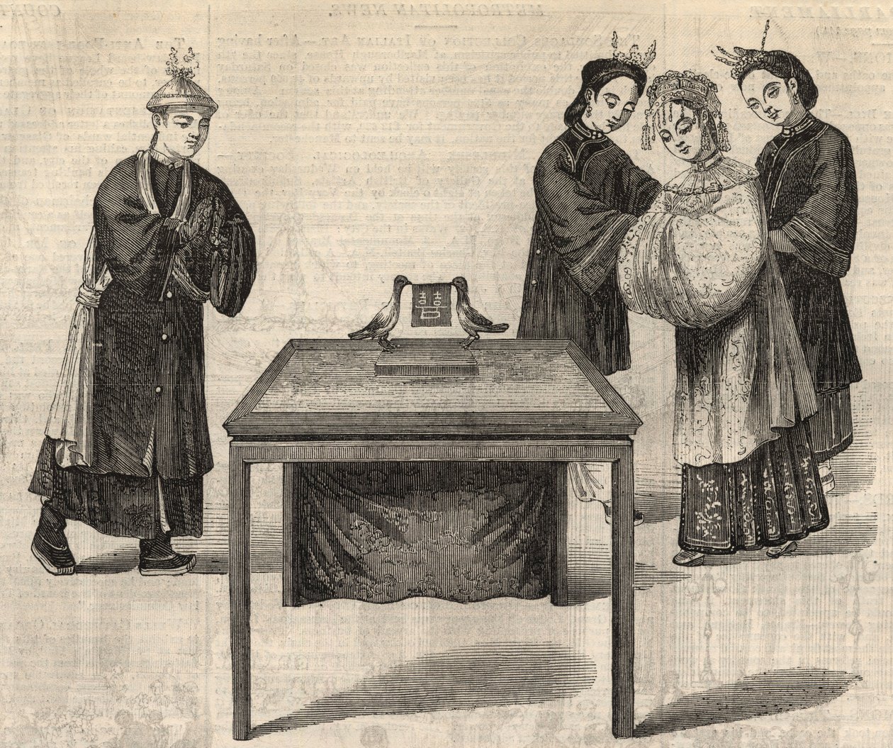 Chinese custom: signing a marriage contract. A tablet with the names of the two spouses is placed on a table with two doves. Engraving in 