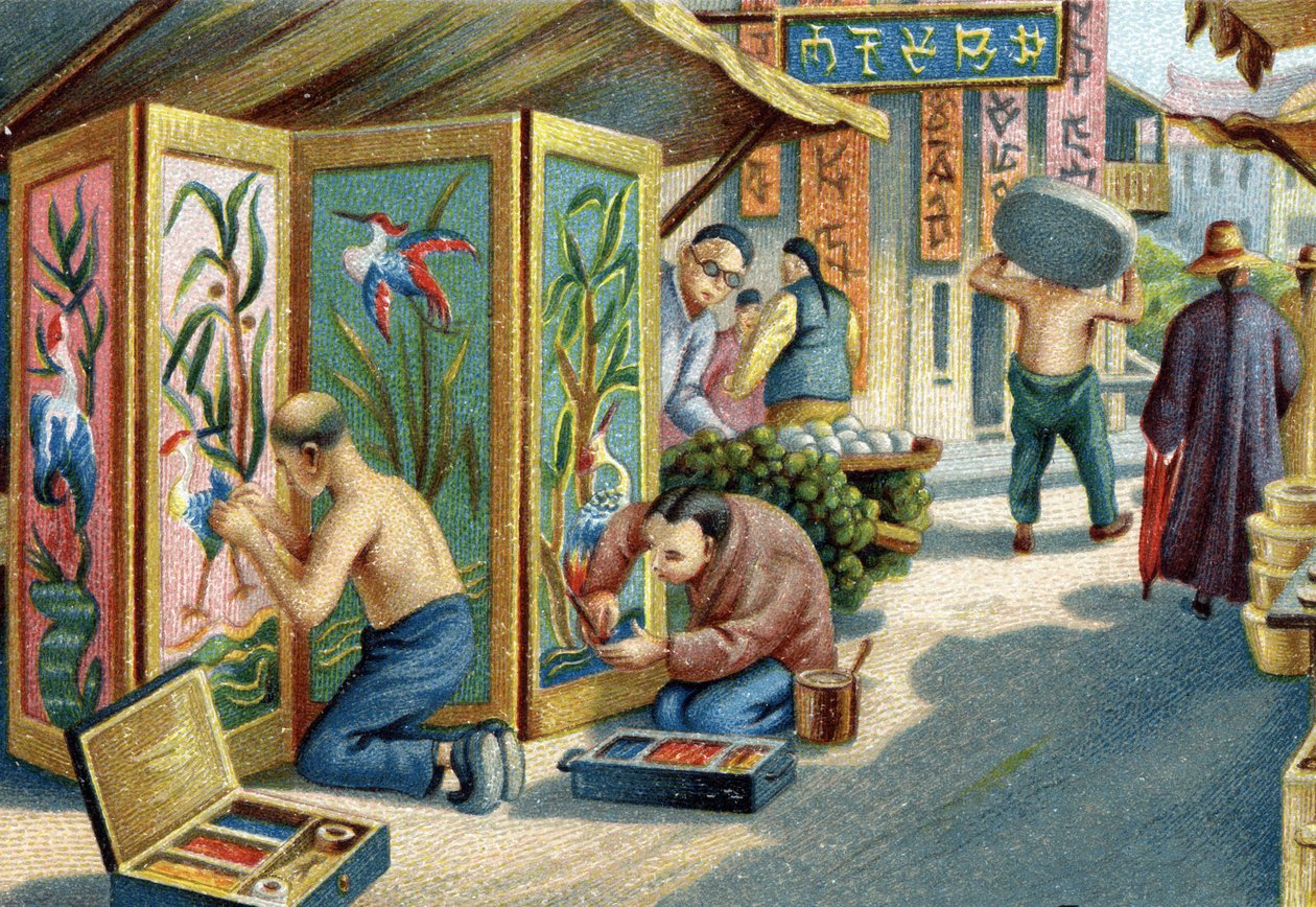 Chinese plumassiers working on the street: they make panels or screens using a needle and feathers. Chromolithography of the 19th century by Unknown artist