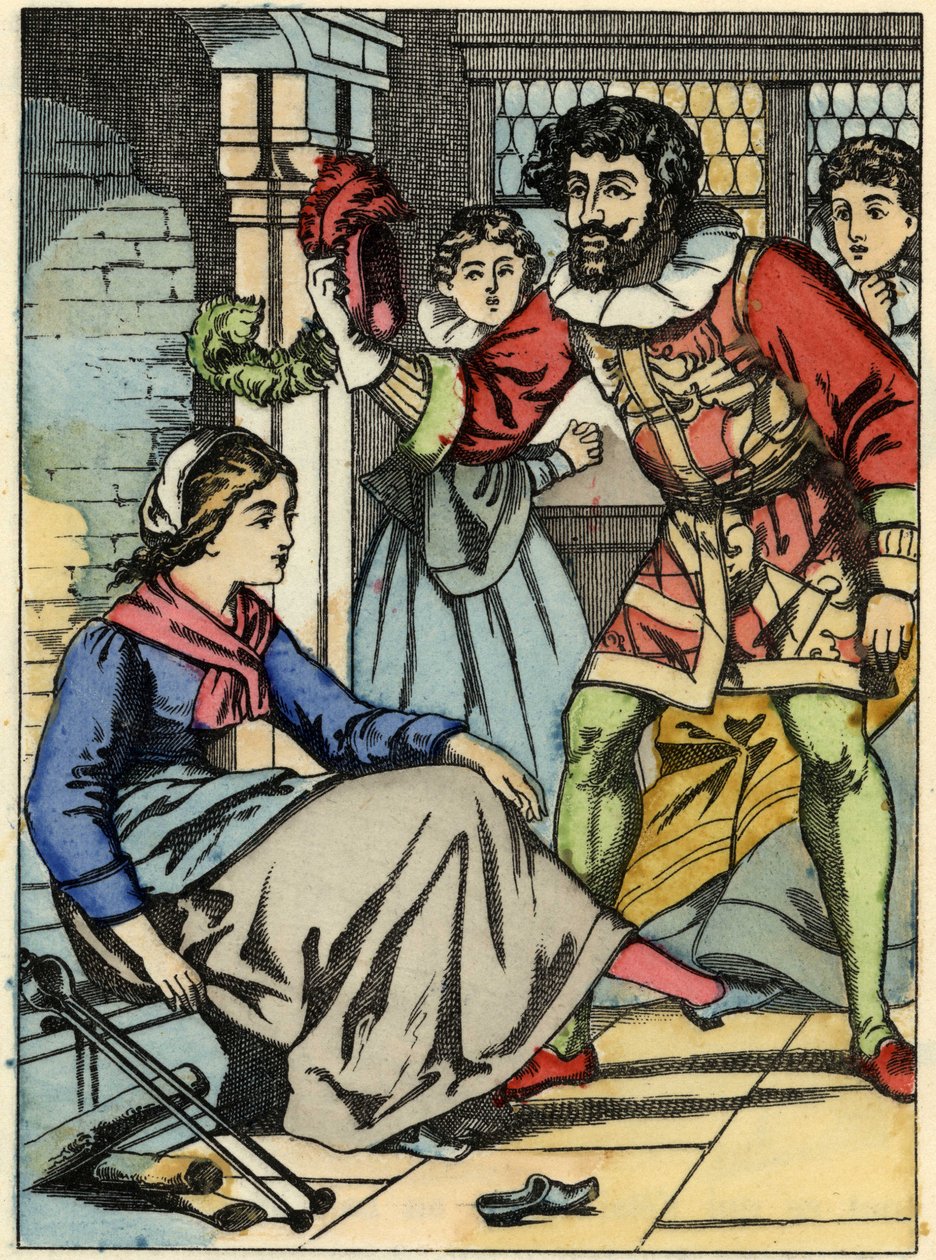 Cinderella tries the glass shoe found by the prince. Illustration